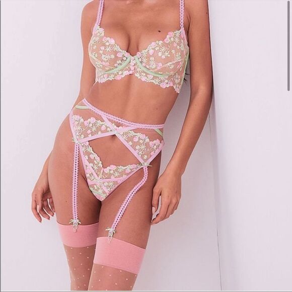 For Love and Lemons Tutti Fruiti Shimmer Pink Green Floral Garter Belt XS NWT - Picture 1 of 8